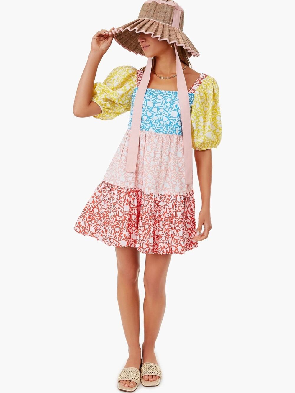 Oliphant bubble skirt mini dress in canary multi puffy sleeves size small